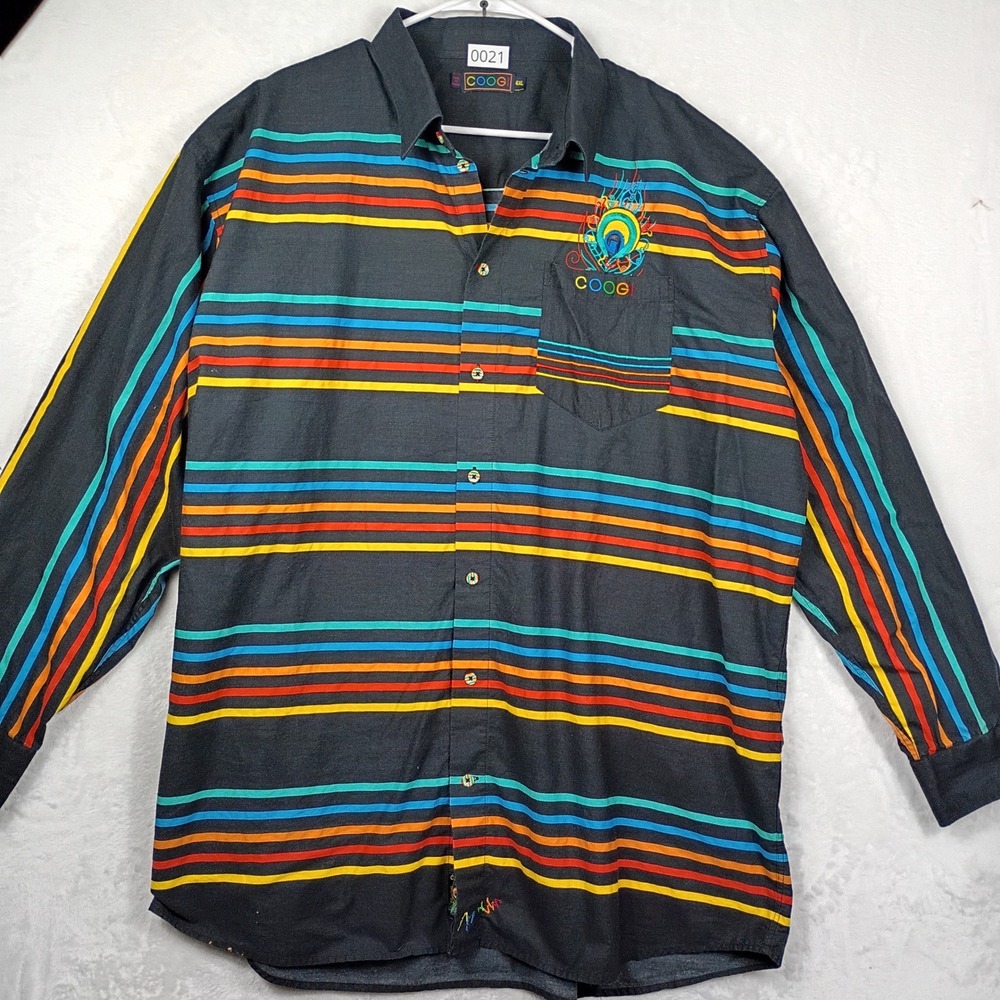 COOGI Mens 4XL Long Sleeve Button Down Shirt Multi Color Stripe Peacock Grey